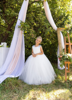 Ivory Flower Girl Dress With Blue 3D Flowers